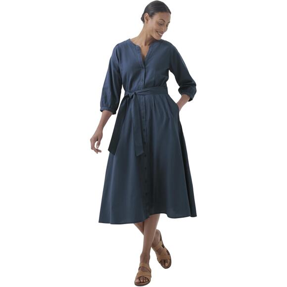 New Pact Dress Medium Blue Organic Cotton Sunset Lightweight Belted Midi Sample - Picture 2 of 15